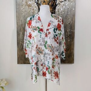 Ambiance Floral Blouse - White with Red and Green